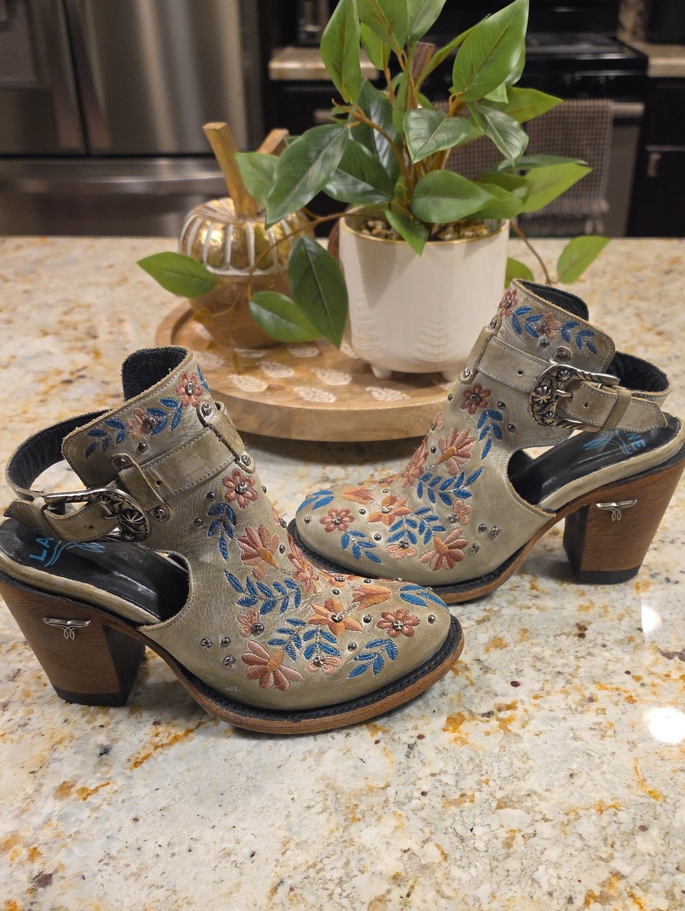 LANE Floral Embroidered Heeled Booties Size 6